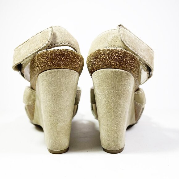 APEPAZZA “Francesca” Women’s Suede T-strap Beige Wedge Sandals Jeweled Trim Size - Picture 8 of 10